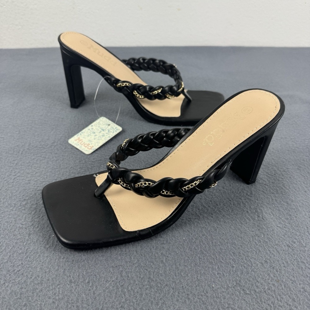 NWT MUDD‎ Womens strappy slip on sandal heel square toe black/gold - SIZE 8.5US